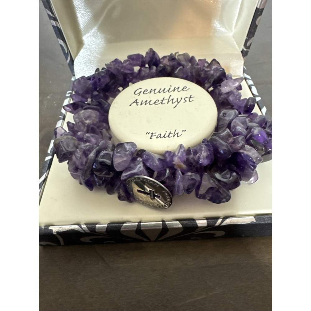 Bracelet Genuine Polished Amethyst Stretch Sterling Christian Cross Charm NWT